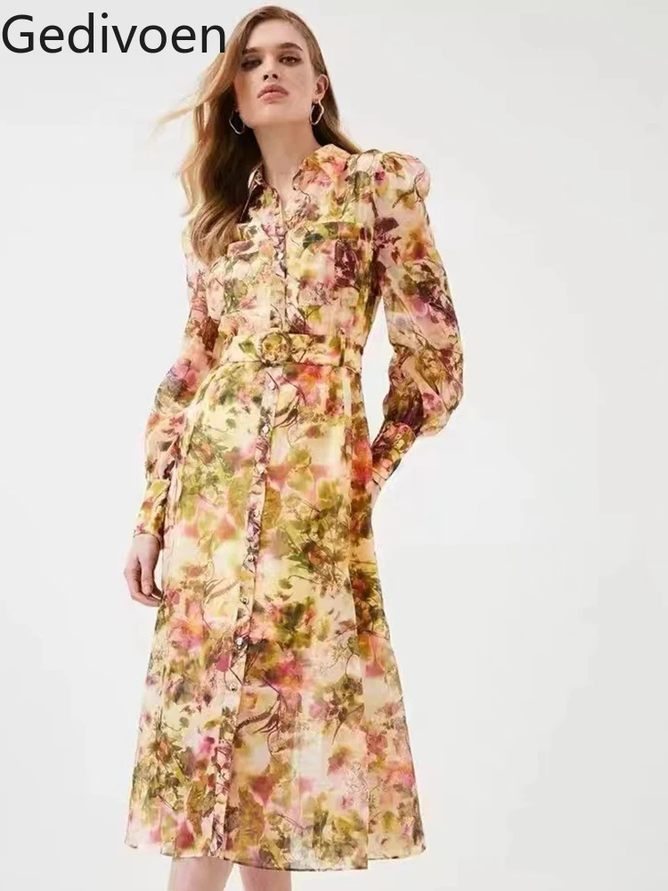 Gedivoen 2022 2022 Summer Women Fashion Designer Midi Dress With Belt Lantern Sleeve Floral Shirts Style Dresses