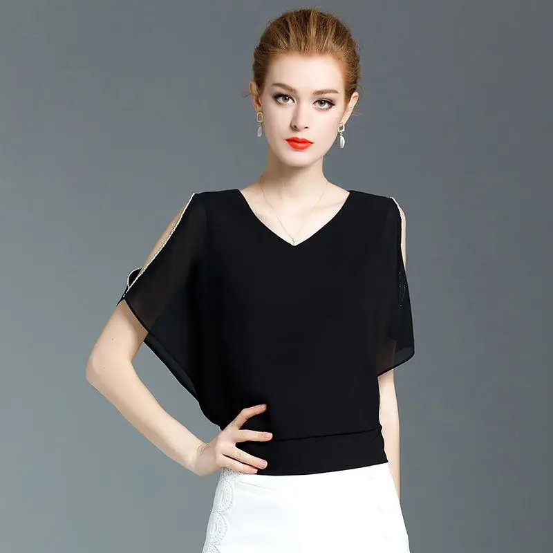 Модная шифоновая рубашка женская с короткими рукавами супер фея черная рукав