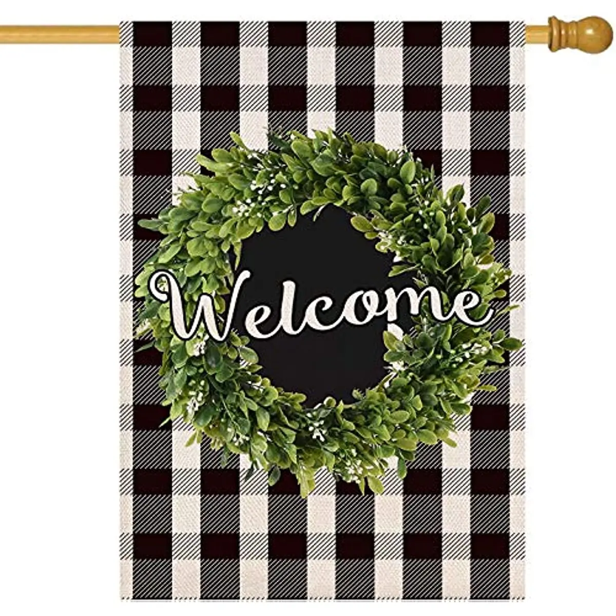 

Spring Boxwood Wreath Welcome House Flag Vertical Double Sided, Buffalo Check Plaid Rustic Burlap House Spring Summer Fall