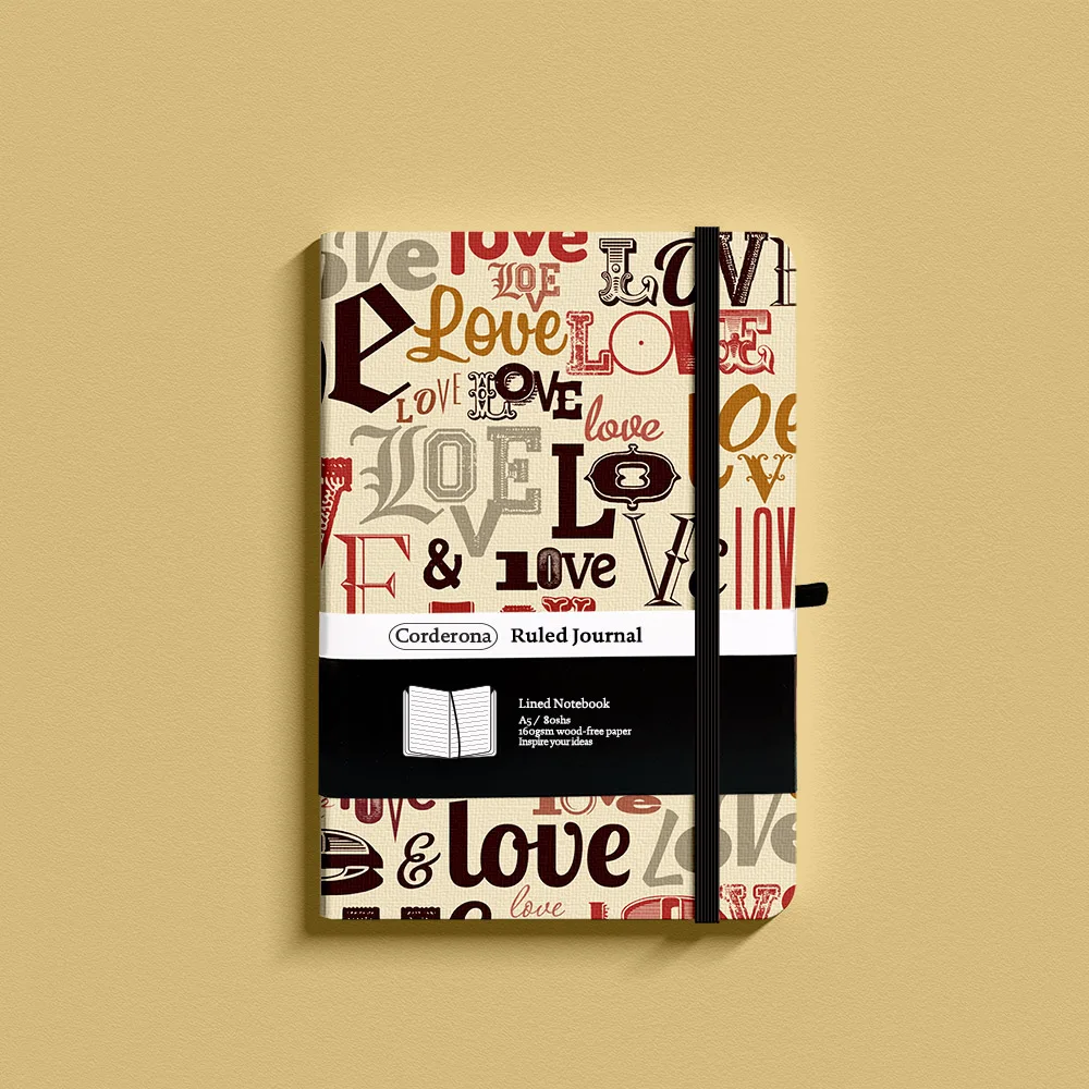 Modern Love Lined Notebook A5 Hard Cover Elastic Band 100gsm Paper Pen Loop Back Pocket Ruled Journal