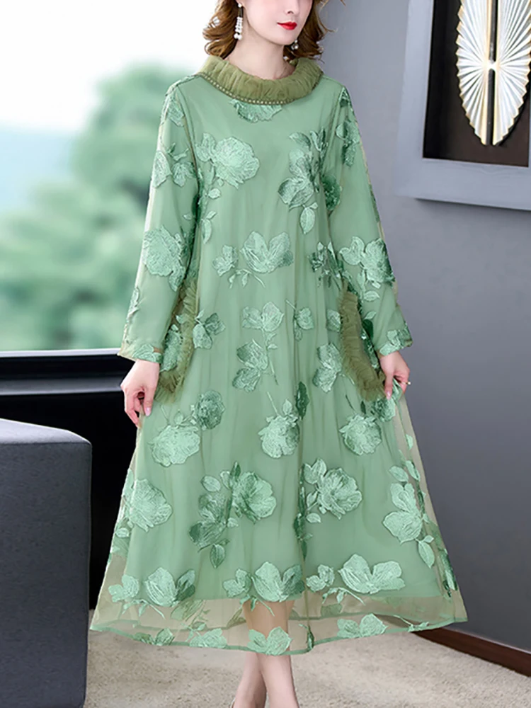 

Новинка 2023, Зеленое Шелковое жаккардовое платье средней длины, Осеннее элегантное шикарное платье с воротником-шарфом, женское корейское модное свободное платье для выпускного вечера