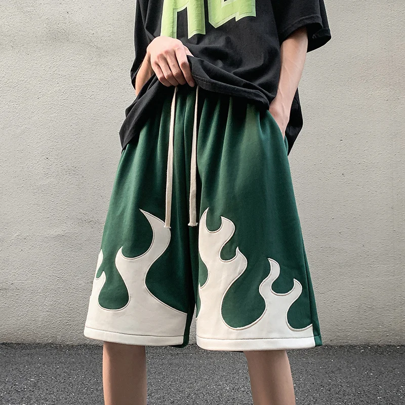 

2023 Summer Men's Versatile Ins Loose Casual High Street Trendy Flame Thorn Shorts Sports Fashion Male Clothing