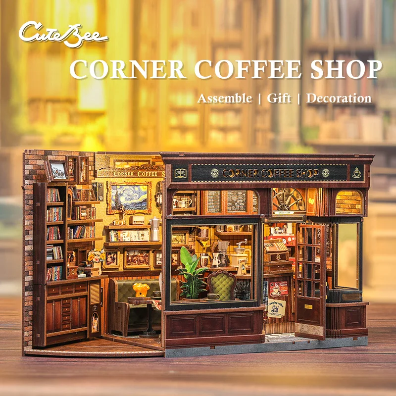 Фото CUTEBEE Book Nook Kit 3D DIY Кукольный домик со светодиодной подсветкой Книжная полка Вставка Street Shop Серия Миниатюрная модель для домашнего декора для вечеринки №4