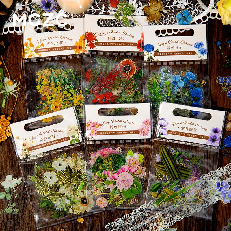 

30 pcs/pack Bronzing Flowers Sticker PET Plant Flower Stick Labels Decorative Diary Album Stickers for Scrapbooking material
