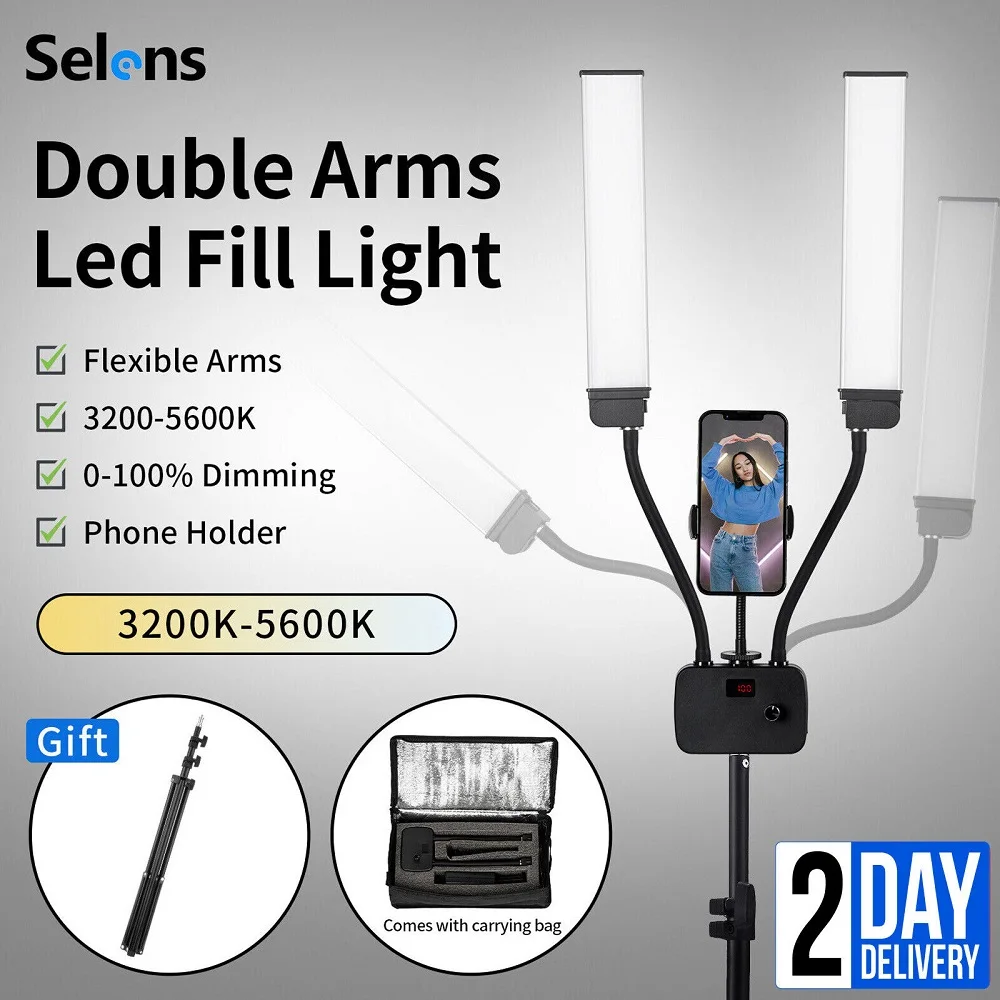 

Selens Photographic Lighting 3200-5600K Double Arms Fill LED Light Video Lamp With Tripod For Photo Studio Kits Live Streaming