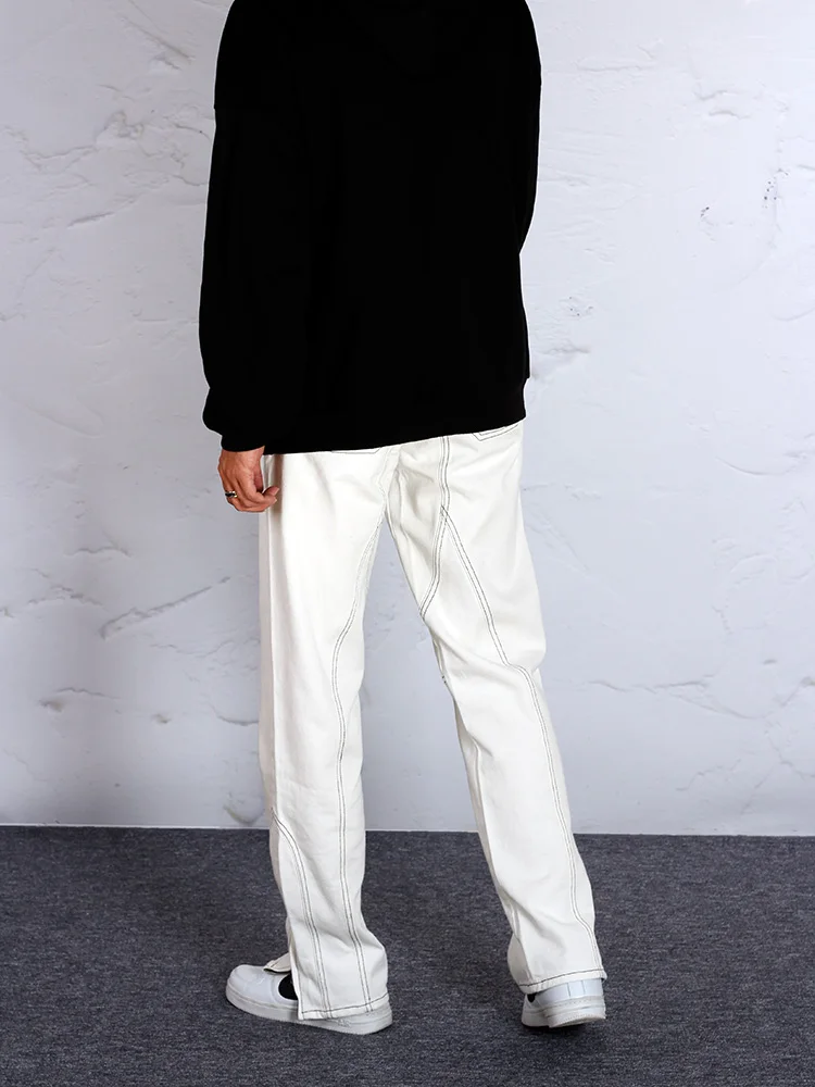 Four Seasons High Street Men's White Jeans Topstitched Zipper Loose Straight Casual Trousers Niche Pants Streetwear Ins Hot Sale