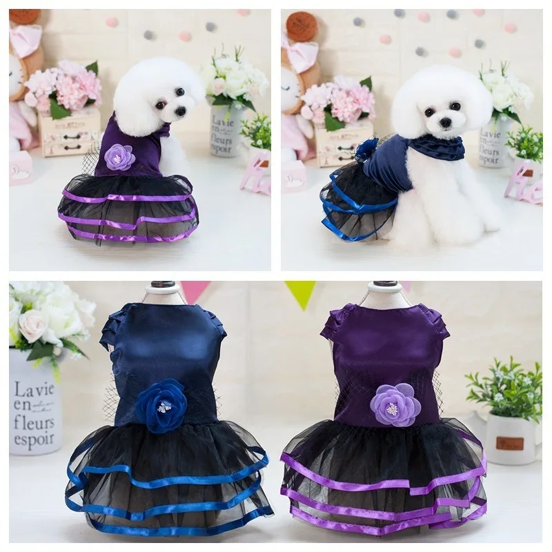 

Fashion Dog Clothes Spring Summer Teddy Dress Mesh Flowers Retro Satin Skirt Two-legged Polyester Clothing Cute Purple Girl Ropa