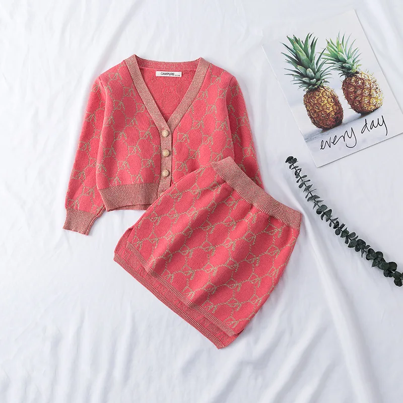 Autumn Baby Girls Sweater Set Toddler Girl V-Neck Jumper Knitwear + Skirt 2 Pcs Suits Cotton Cardigans Kids Clothes Girl Sweater