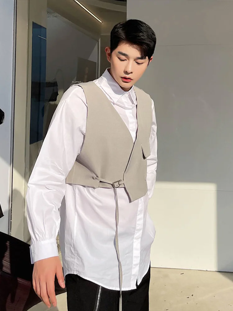 

SYUHGFA Shirt + Waistcoat Shoulder Two Piece Contrast Color 2022 Autumn Solid Color Long Sleeve Turn-down Collar Male Tops