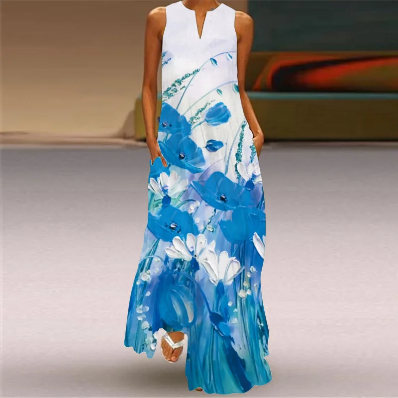 

Vintage Floral Print Women's Fashion Print Long Dress Maxi Evening Party Dresses Elegant Sleeveless Sexy Dress Sundress Summer