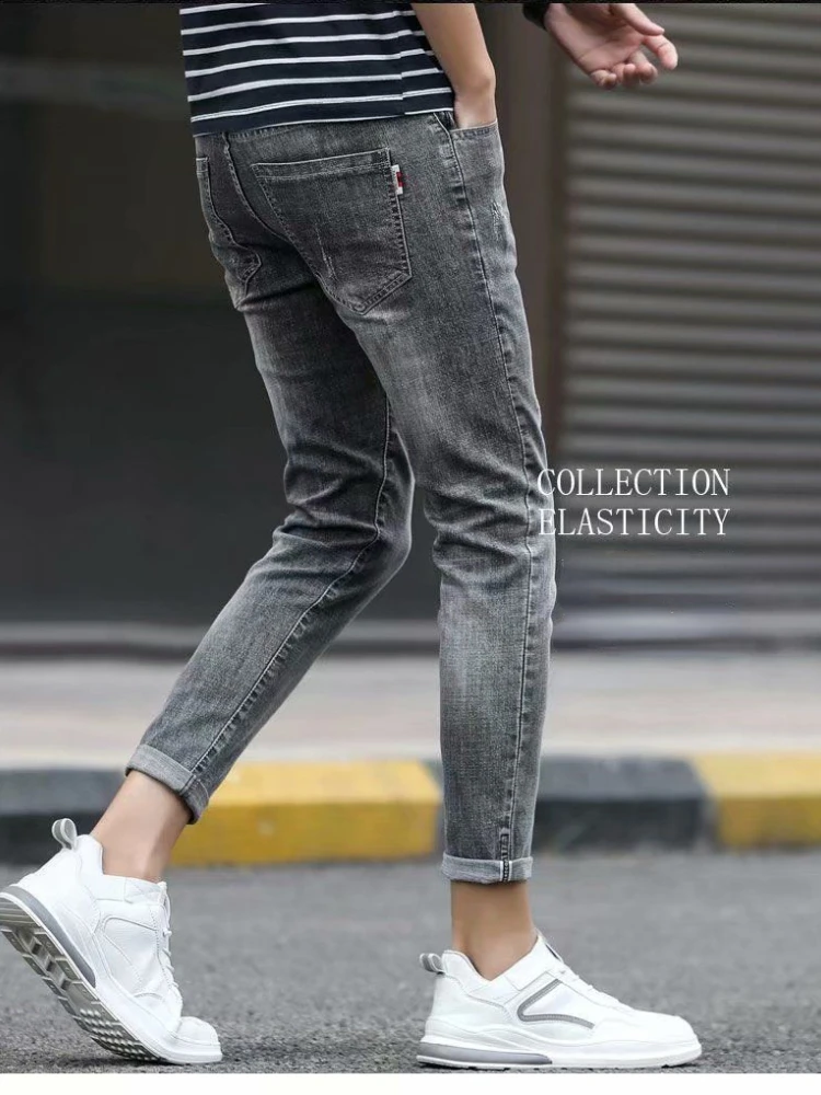Spring and summer thin jeans men's Korean version of the trend of elastic slim fit pants men's casual ripped nine-point pants