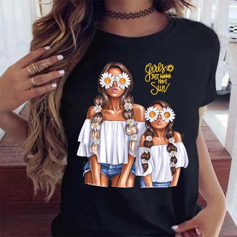 

Fashion Women T Shirt Cartoon Mom Daughter Printed Lady T-shirts Short Sleeve Tops Ladies Women's Kawaii Graphic Female Tshirt
