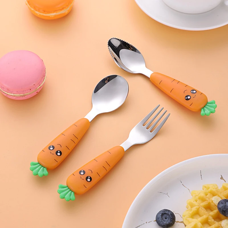 

Baby Carrots Training Spoon Fork Portable Tableware Kids Children Feeding Dining Dishes Stainless Steel Scraper Utensil Set