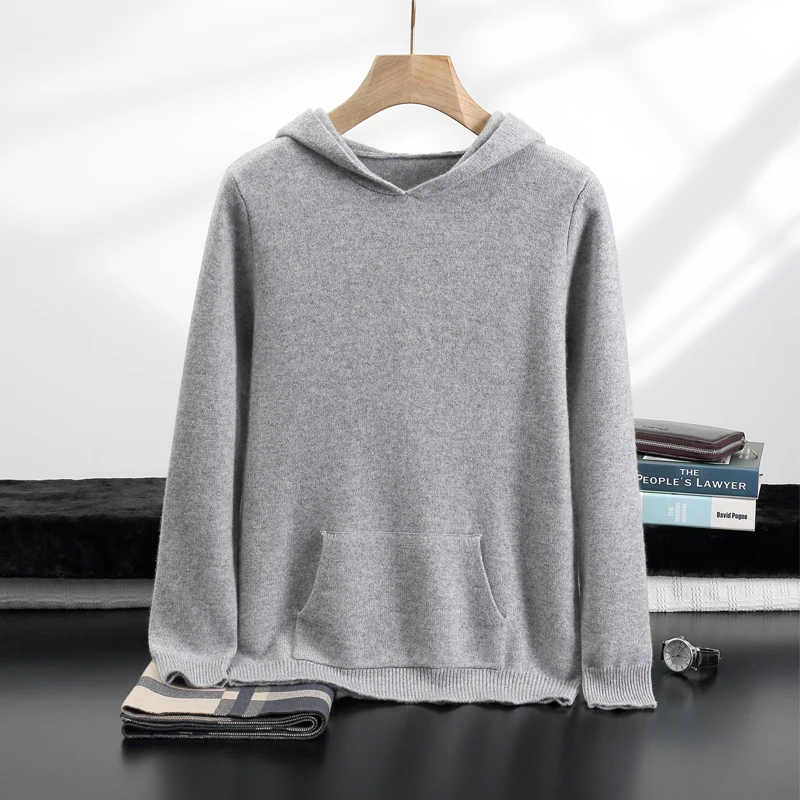 Высококачественный мужской пуловер с капюшоном толстый 100% кашемировый свитер