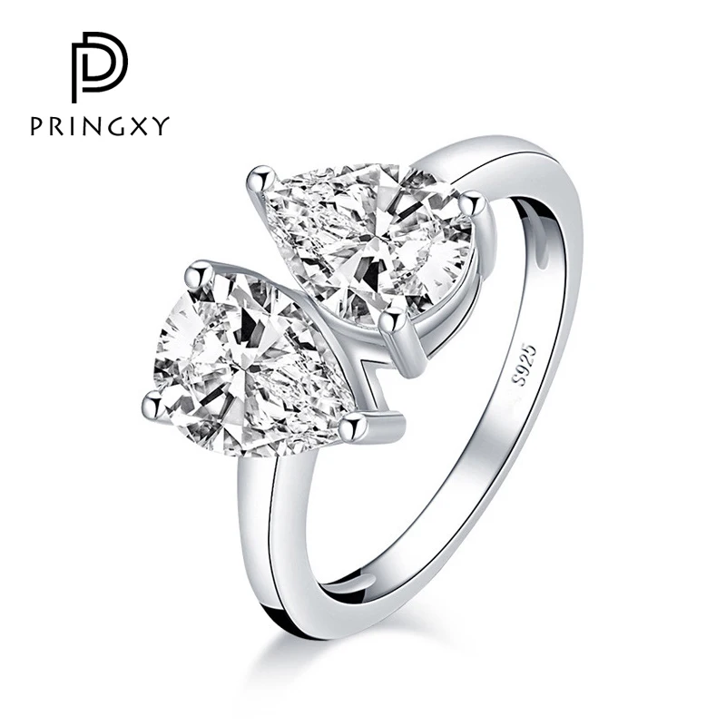 PRINGXY Double Teardrop Diamond Ring High Carbon Three Claw Ring For Women Wedding Fashionable Fine Jewelry 925 Sterling Silver