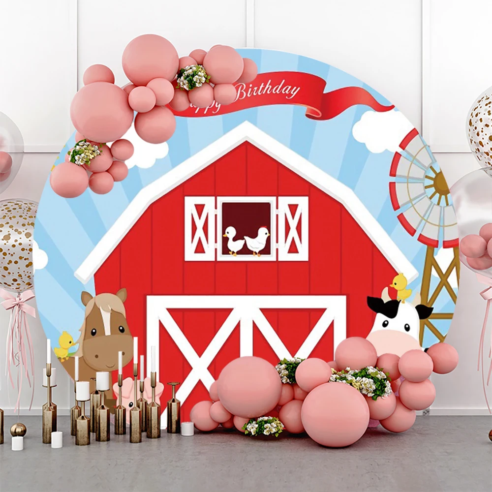 

Cartoon Animal Rural Farm Birthday Party Round Photography Background Baby Shower Customized Banner Background For Photo Studio