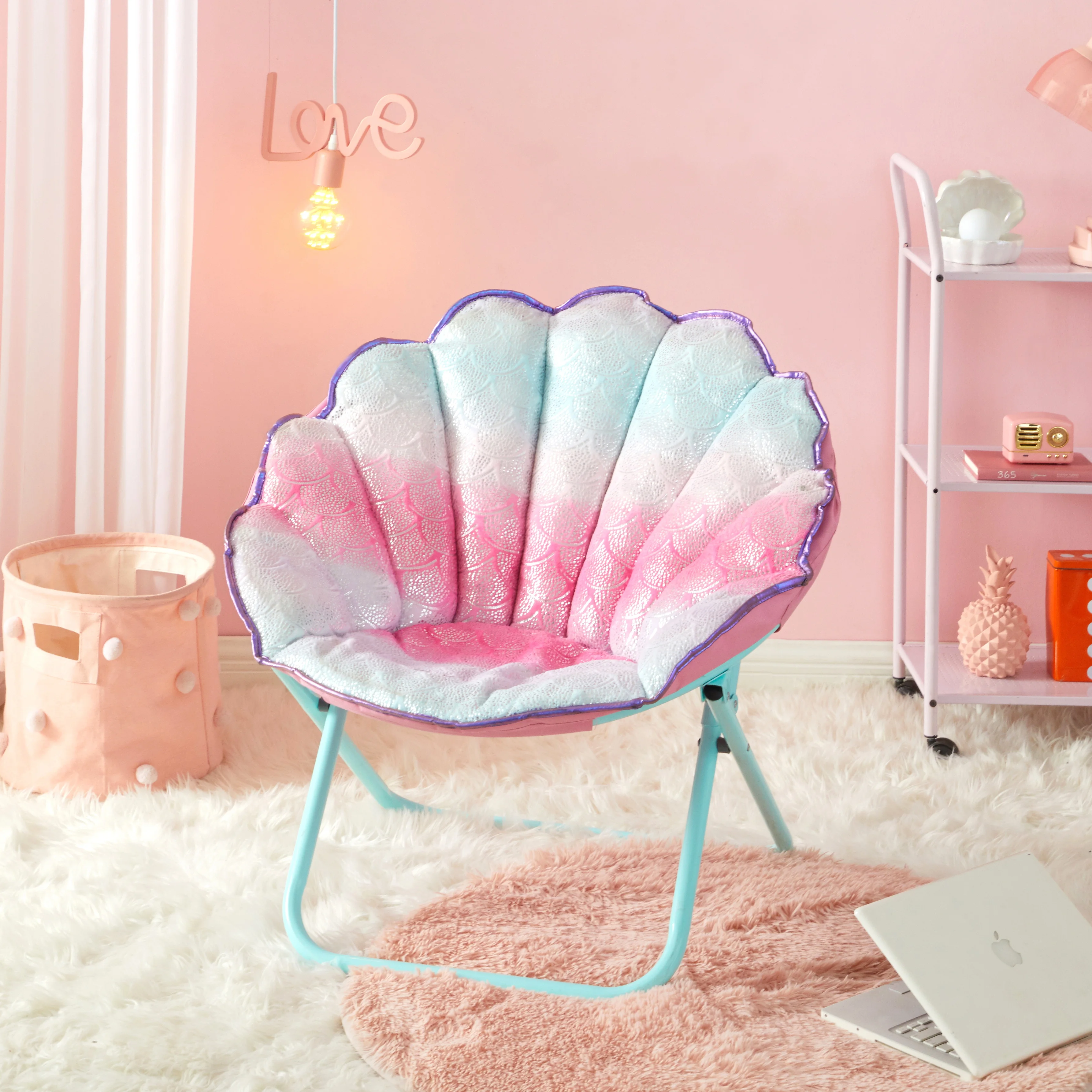 

Little Fairy Shell Chair Faux Fur Scallop Saucer Chair with Holographic Trim Seashell Chair Bedroom Chair Live Lounge Chair