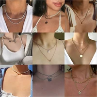 women clavicle chain simple heart pendant multi layered pearl chain alloy butterfly necklace