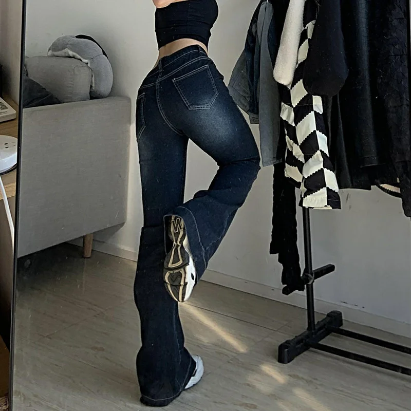 

Популярные джинсы, 2023 винтажные женские расклешенные брюки с низкой посадкой, длинные широкие мешковатые джинсы y2k, уличная одежда, джинсовые брюки