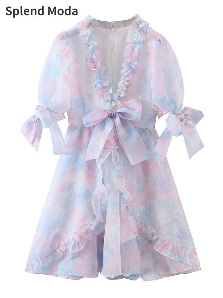 

Splend Moda Vintage 2022 Summer New Sweet Style Dream Print V-Neck Fungus Bow Organza Puff Sleeve Princess Dress Woman