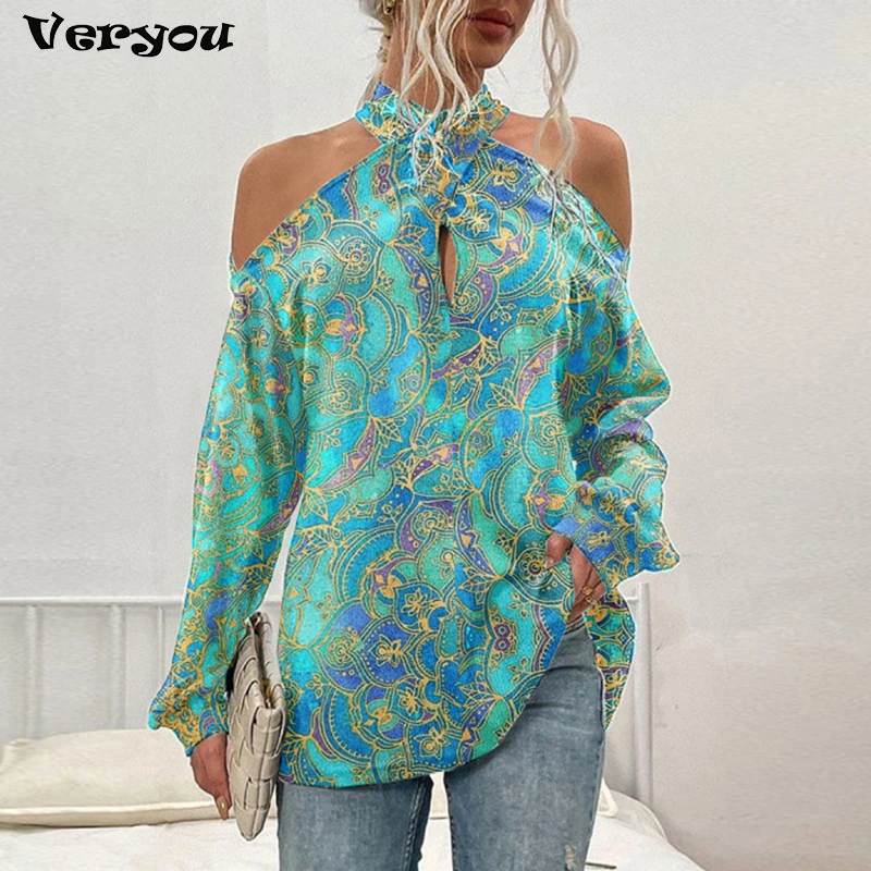 

2022 футболка с винтажным принтом, женские топы с открытыми плечами, пикантные женские футболки с длинным рукавом, Повседневная Свободная фут...