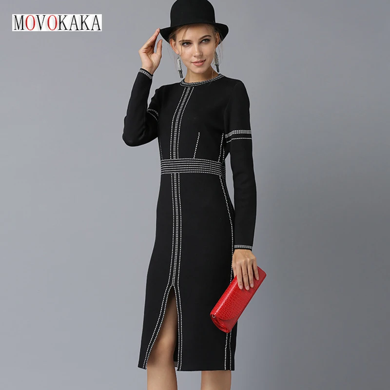 Купи MOVOKAKA Autumn Winter Black Knitted Dress Women Elegant Office Lady O-neck Long Sleeve Sweater Dress Casual Split Slim Dresses за 1,796 рублей в магазине AliExpress