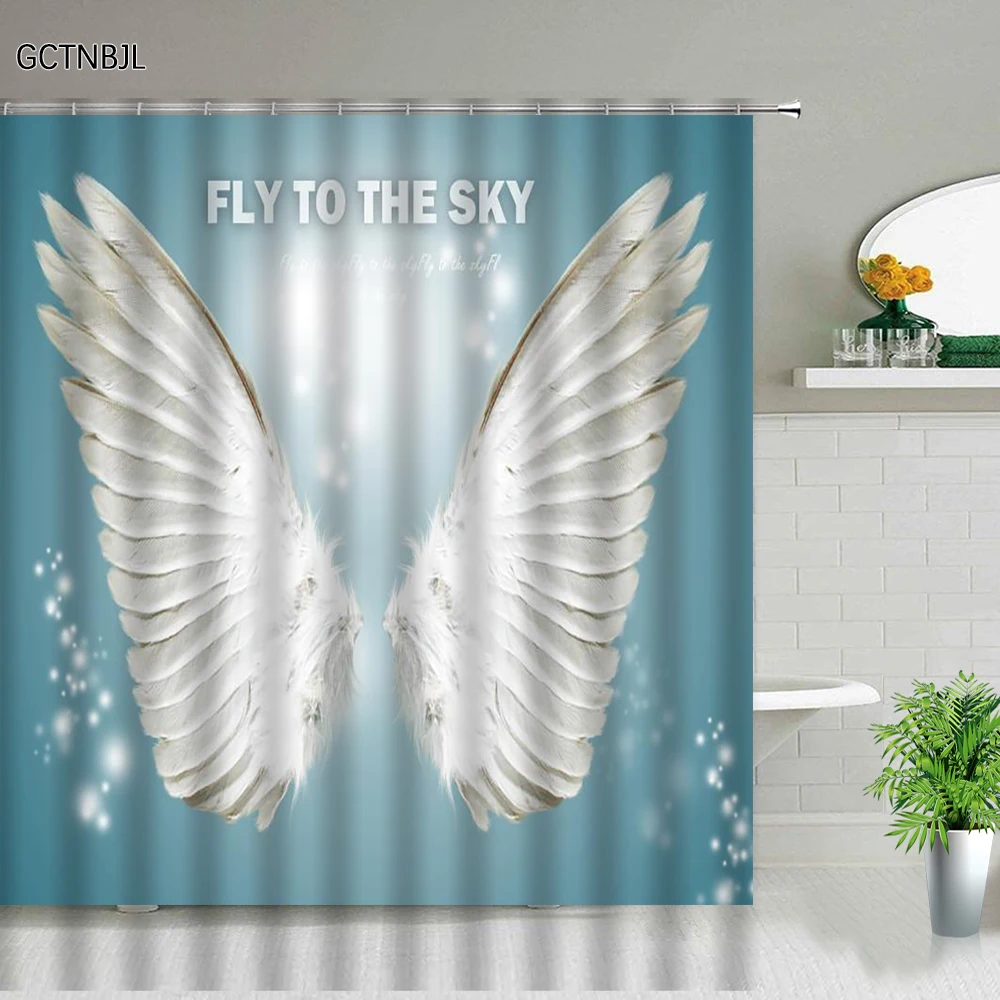 angel wing shower curtain set polyester fabric machine washable background wall curtains for bathroom home decor bath curtain free global shipping