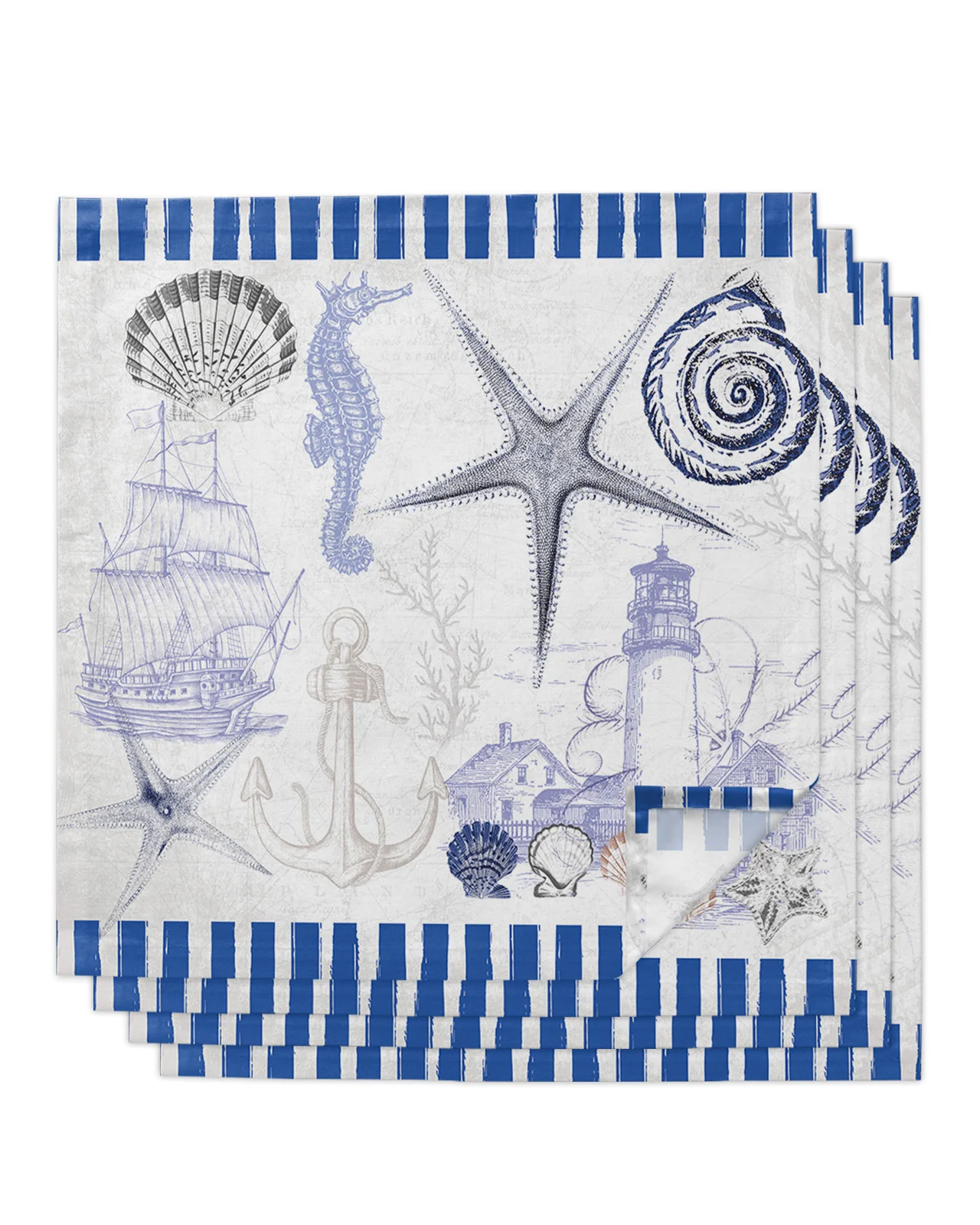 

Морские полосы, морские ракушки, морская звезда, якорь, Настольная салфетка для искусственных печатных чайных полотенец для кухонного обед...