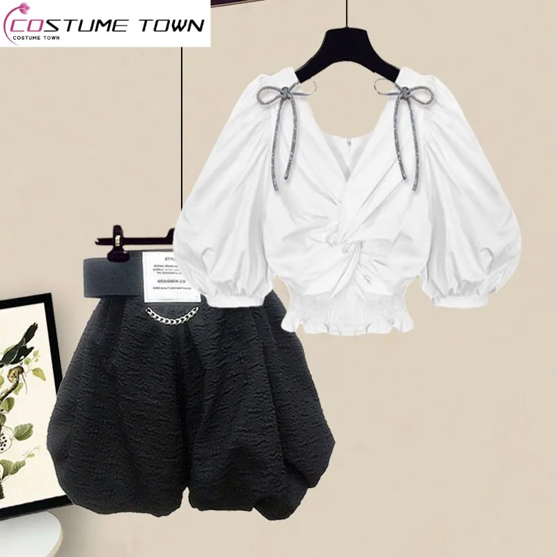 

Oversized Women's Summer Suit Women's 2023 New Fashion Chic Top Waistband Wide Leg Shorts Two Piece Set Fashion