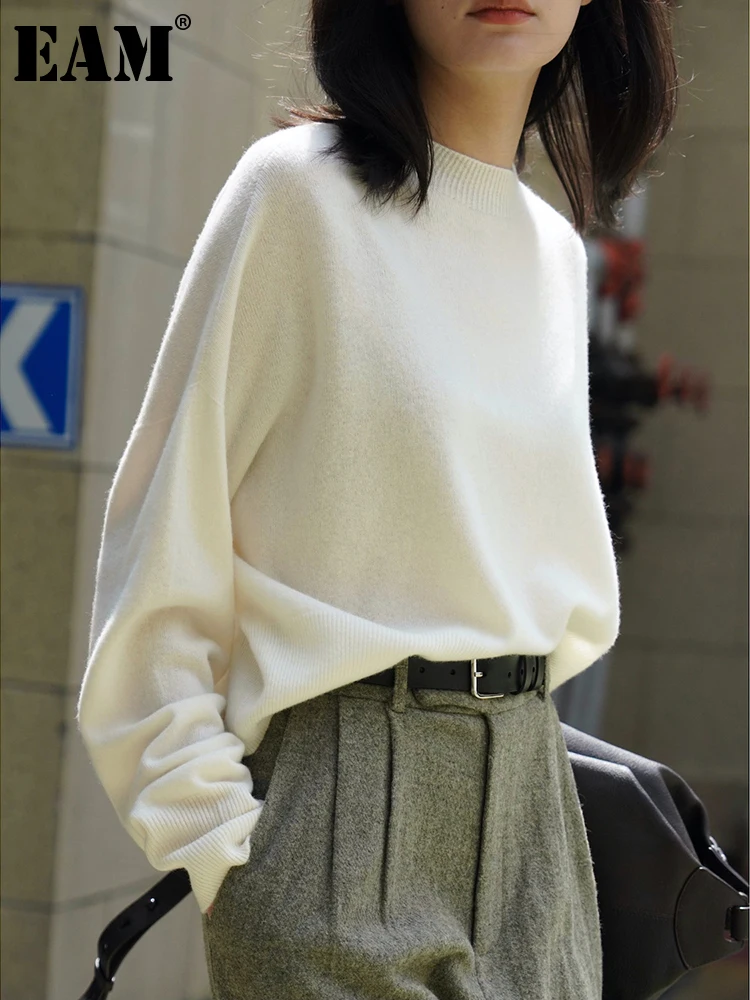 

[EAM] Green Big Size Knitting Sweater Loose Fit Round Neck Long Sleeve Women Pullovers New Fashion Autumn Winter 2023 1DF2190