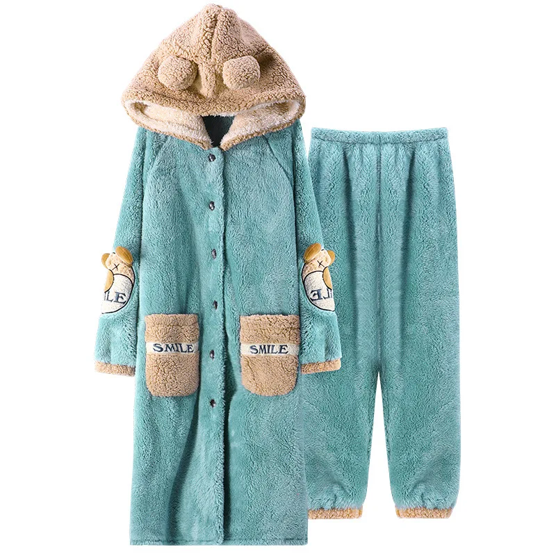 Autumn And Winter Female Ins Robe Pajamas Coral Fleece Thick Hooded Bathrobe Two-Piece Flannel Warm Home Service
