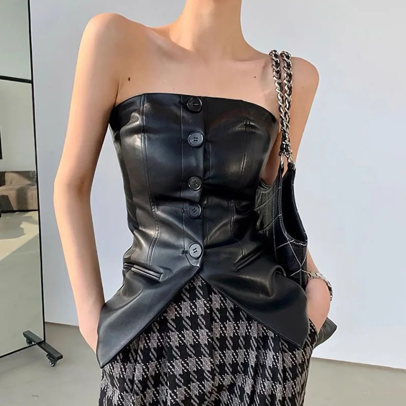 

Lady 2023 New Leather Vests Sheepskin Slim Tops Spring Autumn Fashion Genuine Leather Gilet Sleeveless TF5015