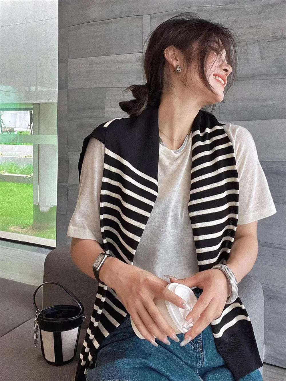 

Women Color Patchwork Striped Scarf 100% Viscose Fashion Ladies Embroidered Sun Protection Cross Shawl 2023 Summer New