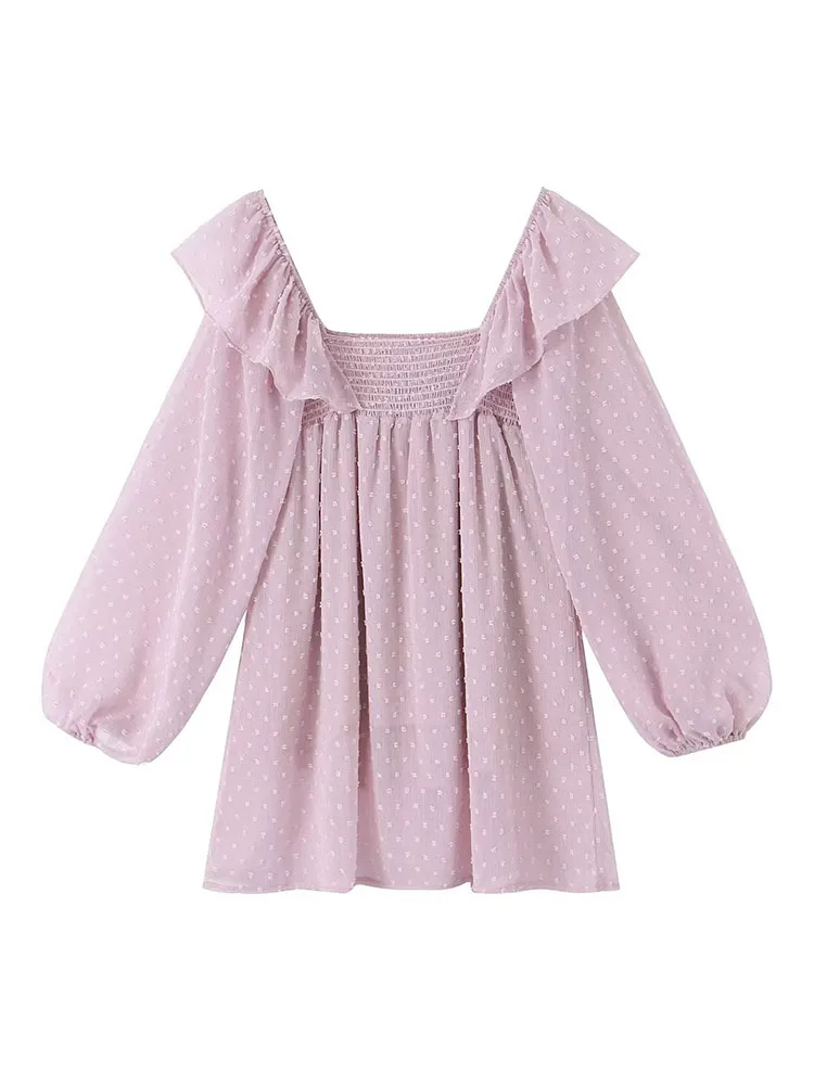 

Платье-мини женское розовое с оборками, открытой спиной и квадратным вырезом