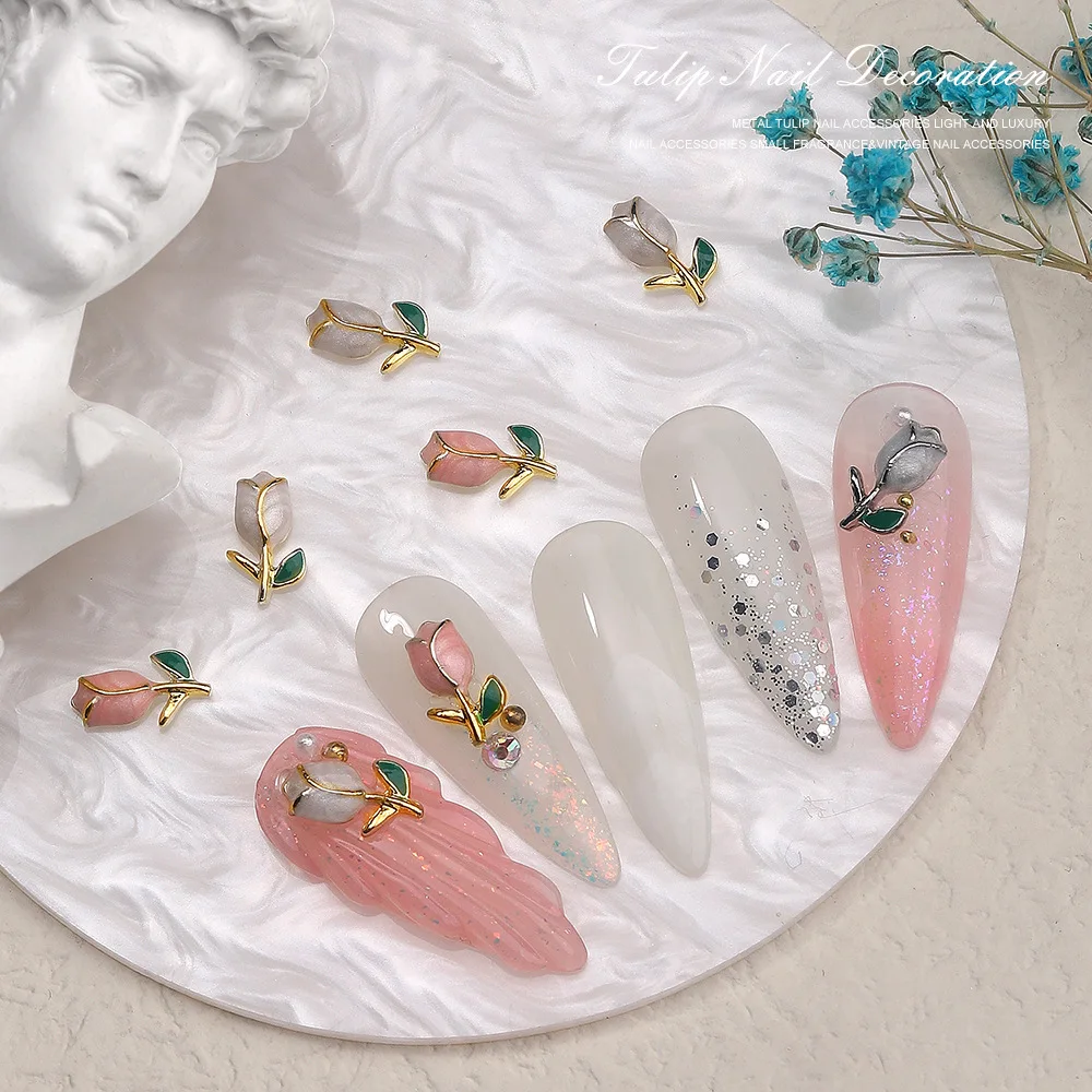 

10 шт. INS Популярные Роскошные Металлические Стильные капающие масла тюльпан сердце цветок аксессуары для дизайна ногтей 3D Искусство 2023
