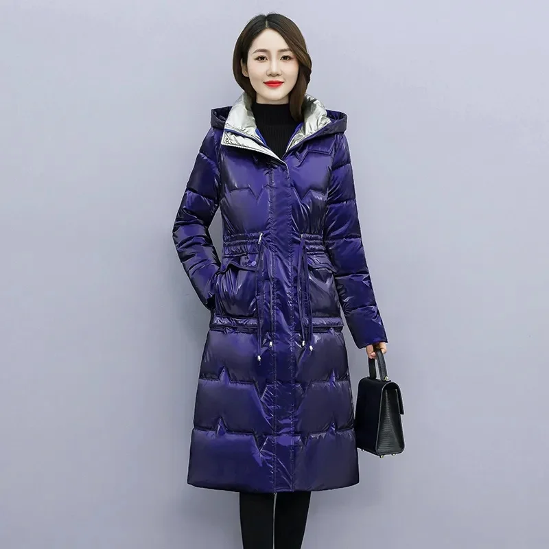 

Новинка 2023, Высококачественная женская зимняя куртка, модная Глянцевая пуховая куртка, длинная парка с капюшоном, женское теплое хлопковое пальто, женская верхняя одежда