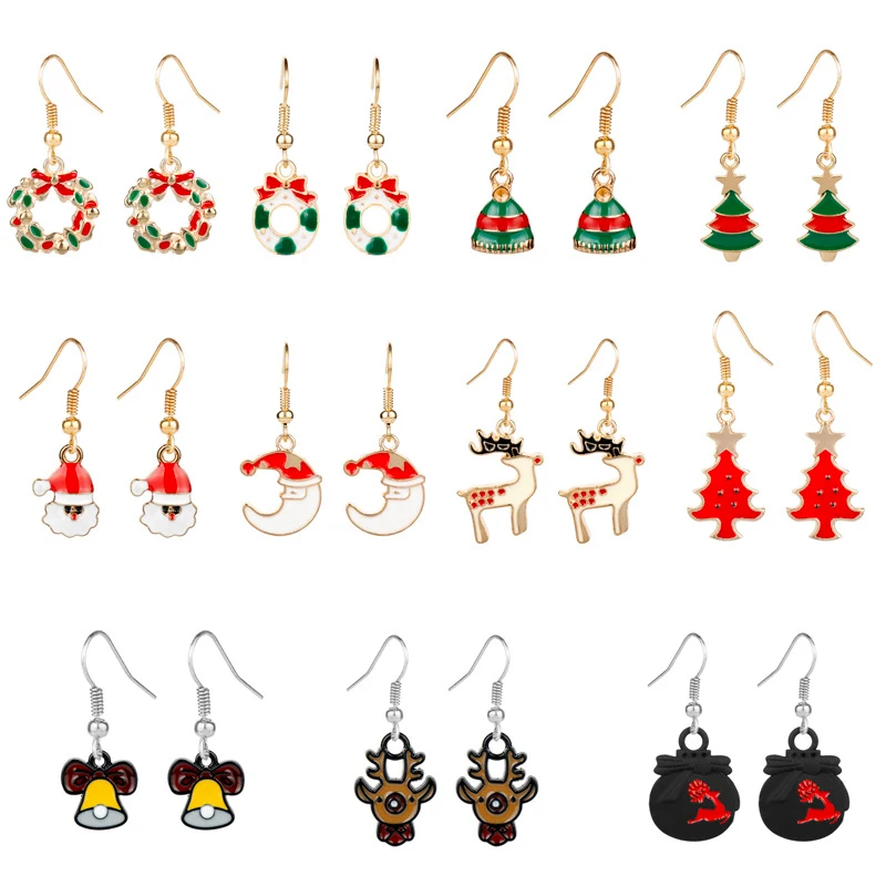 

New Design Trendy Xmas Tree Earrings Brown Elk Santa Claus Bells Dangle Earrings Hot Christmas Gift For Women Party Jewelry Gift