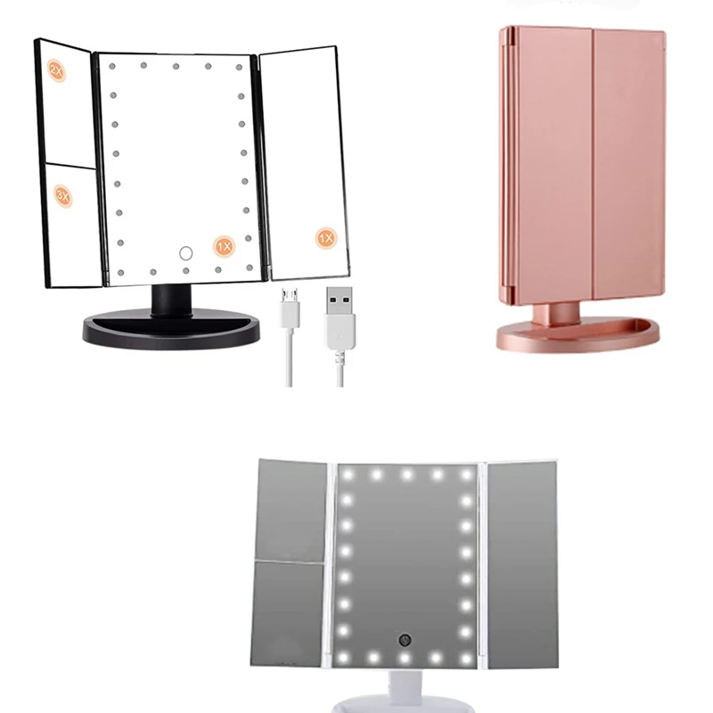 

Tri-Fold Luminous Makeup Mirror With 22 LED Lights, With 2X,3X Magnification,180 Degree Rotation, Dual Power