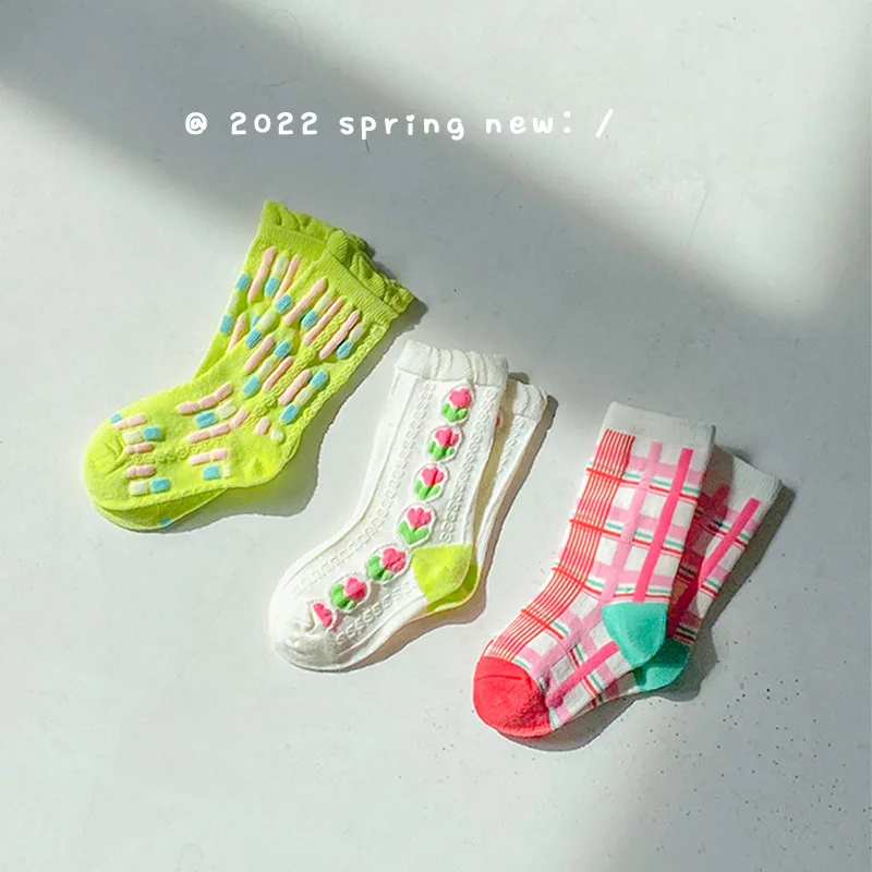 

3 Pairs Children's Socks 2022 Spring New Candy Flower Medium Tube Socks Lace Cotton Cute Girls Socks Baby Girl Winter Clothes