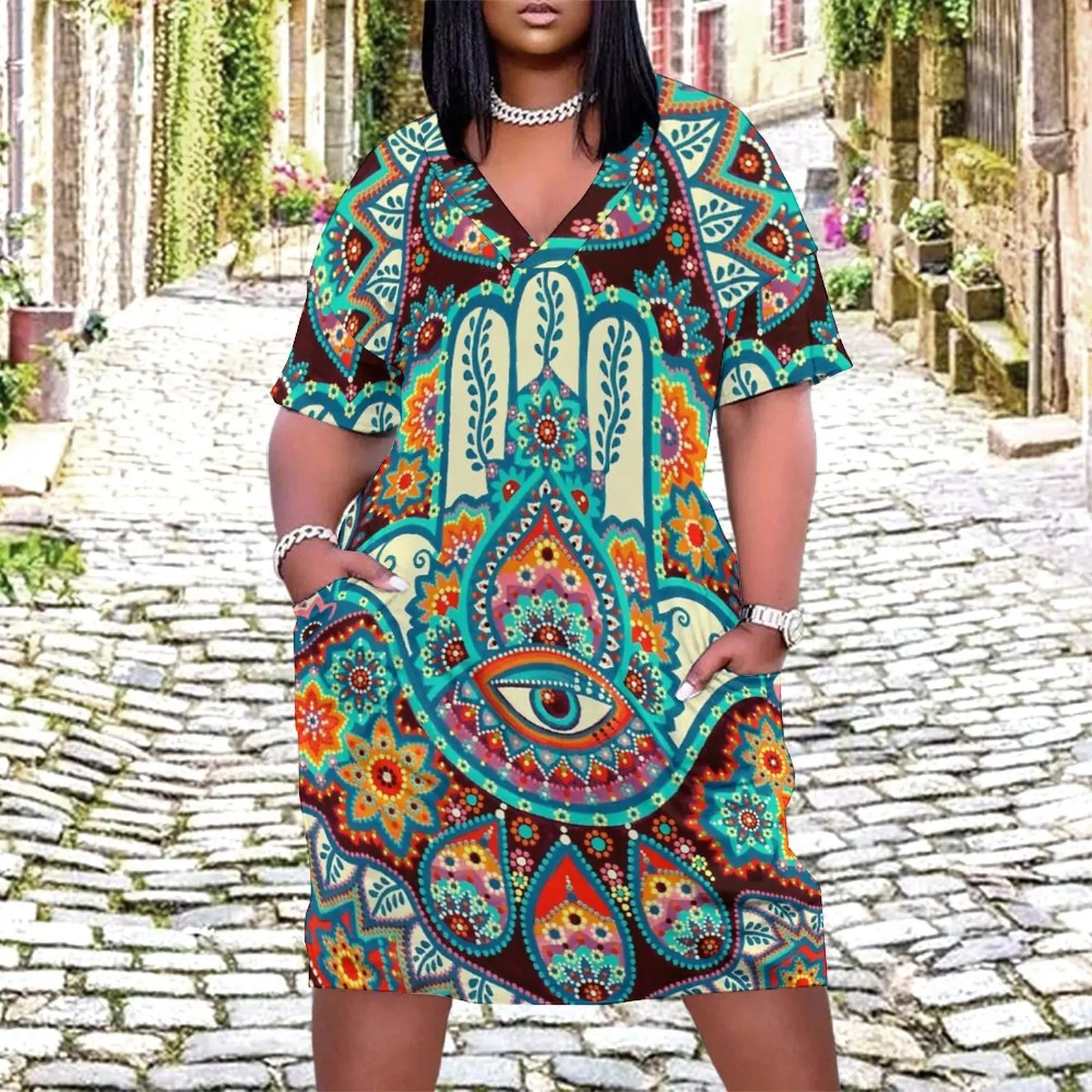 

Свободное женское платье с карманами Hamsa, роскошное платье