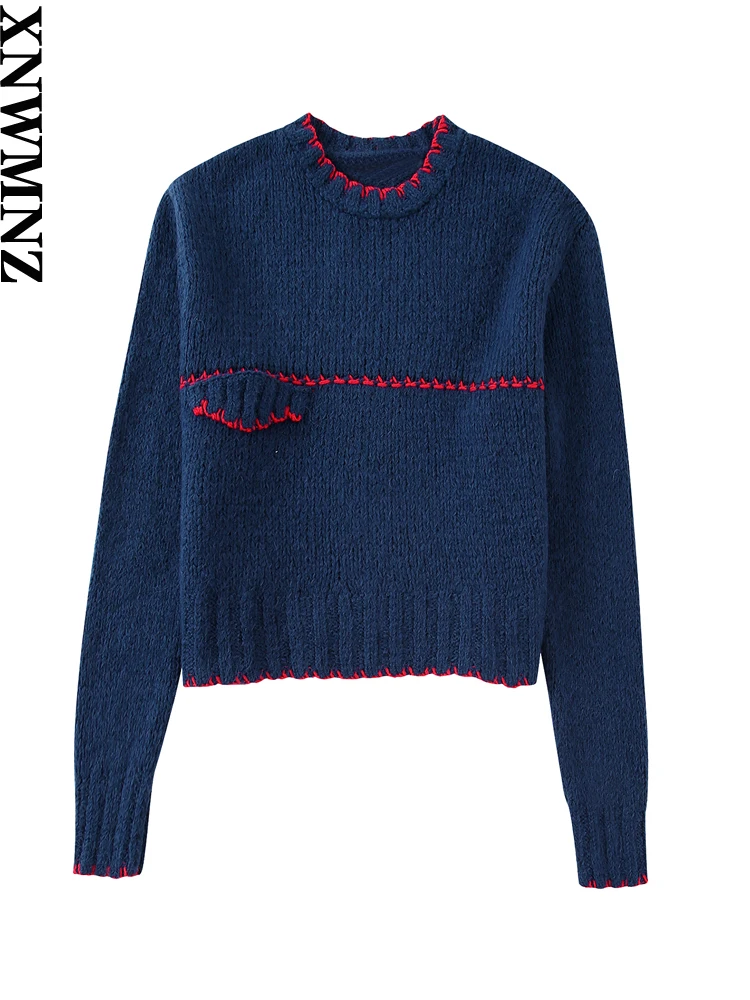 

XNWMNZ женский модный контрастный Свободный вязаный свитер с вышивкой сверху, винтажные топы с круглым вырезом и длинным рукавом, женские шика...