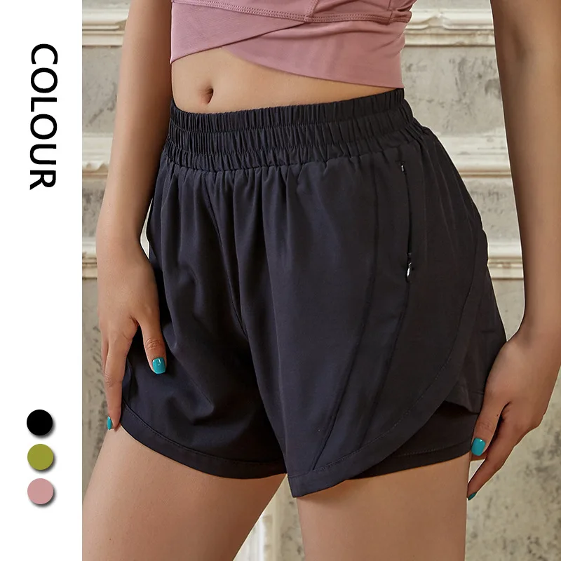 Dave&Di Outdoor Sports Loose Casual Bermuda 2023 Fashion Shorts  Ladies Solid Fake Two Pieces Yoga Fitness Sports Shorts Women
