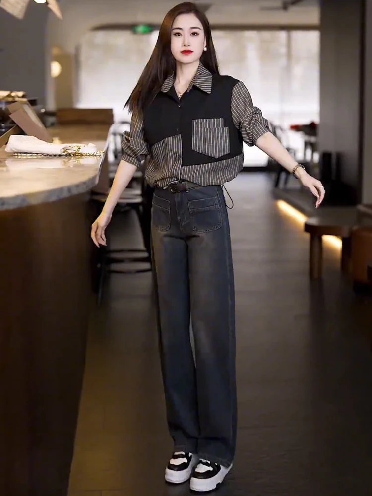 Модные рубашки с джинсовым комплектом женские весенние новинки 2024 маленькие