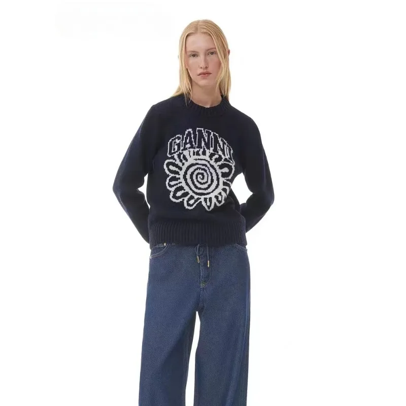 

GA@NI 2023 Autumn/Winter Age Reducing Sweater Women's Deep Blue Letter Sunflower Casual Women's Pullover Sweater Coat