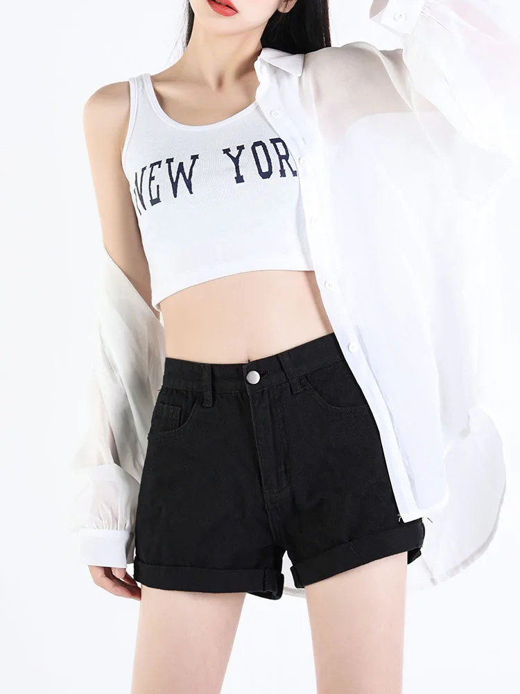 New Spring Summer Women High Waist Slim Fit Black Denim Shorts Casual Female Button Retro Jeans Shorts Bottoms