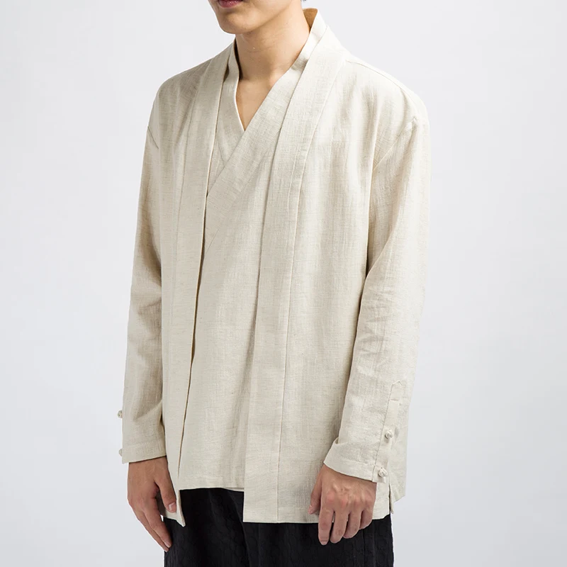 Men's Cotton Linen Kimono Loose Fashion Long Cardigan Coat Retro Coat Fake Two Piece Casual Coats