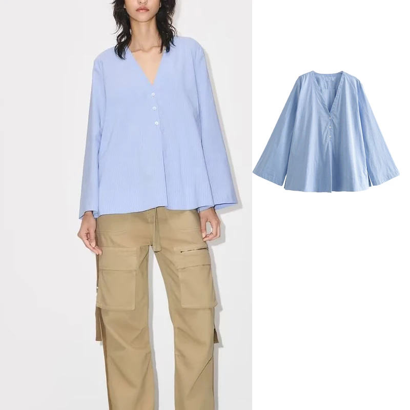 

TRAF Striped Women Shirts 2023Autumn New Button Up Shirt Woman Long SleeveBlouse Female V-neck Shirts