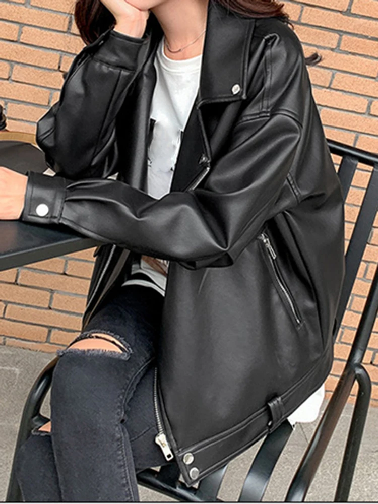 Faux Leather Jacket Women Casual PU Loose Motorcycle Jackets Female Streetwear Oversized Coat Korean Chic Spring Leather Jacket