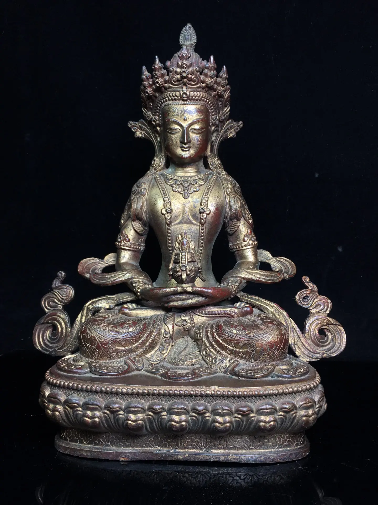 

Коллекция тибетских храмов, 12 дюймов, старинная бронза, грязь циннабара, золото, долголетие Будды Infinite Life Wisdom Tathagata для поклонения Будде