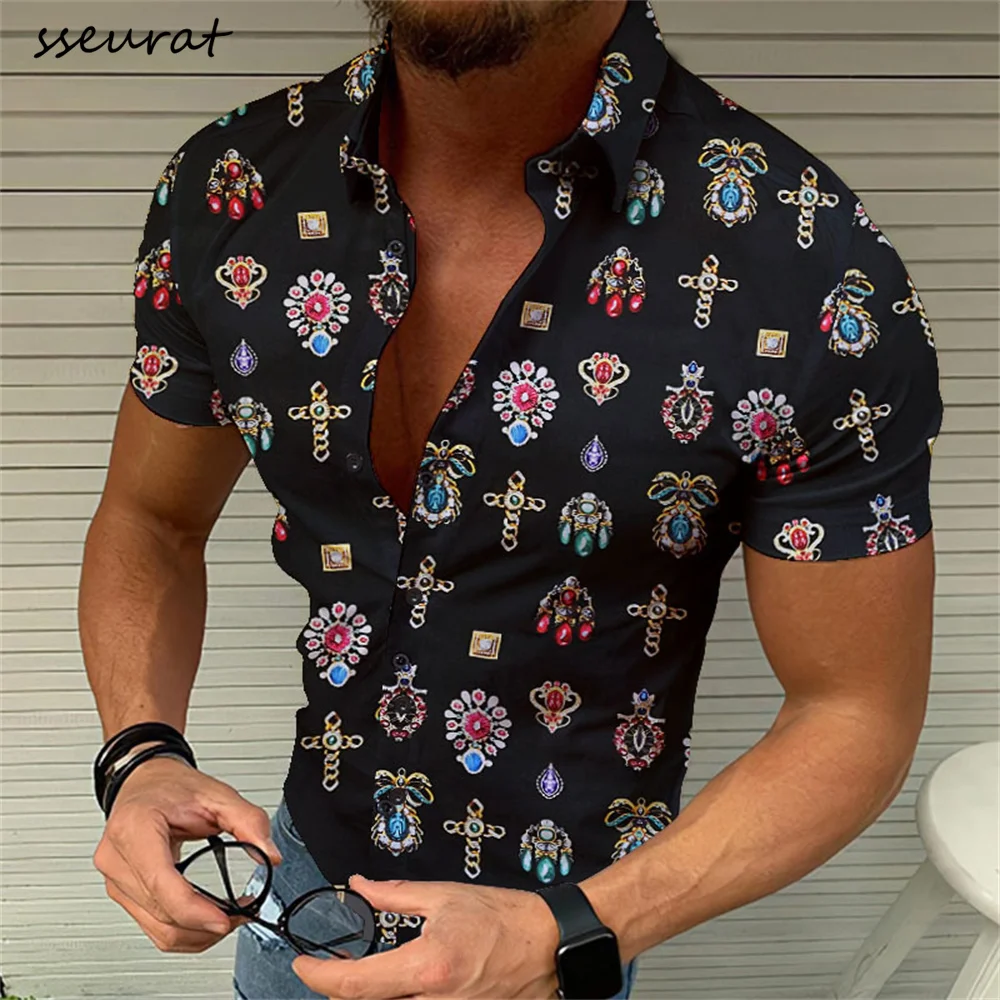 

SSEURAT Vintage Printing Button Short Sleeve Shirts Casual Loose Turn-down Collar Mens Tops 2022 Summer Men Fashion Streetwear
